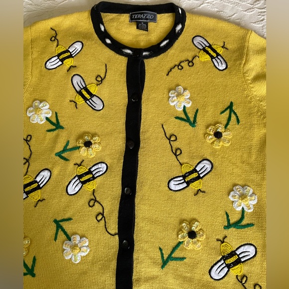 TERAZZO Yellow & Black Beaded & Sequin Honey Bee Cardigan Sweater Women’s M - Picture 4 of 6